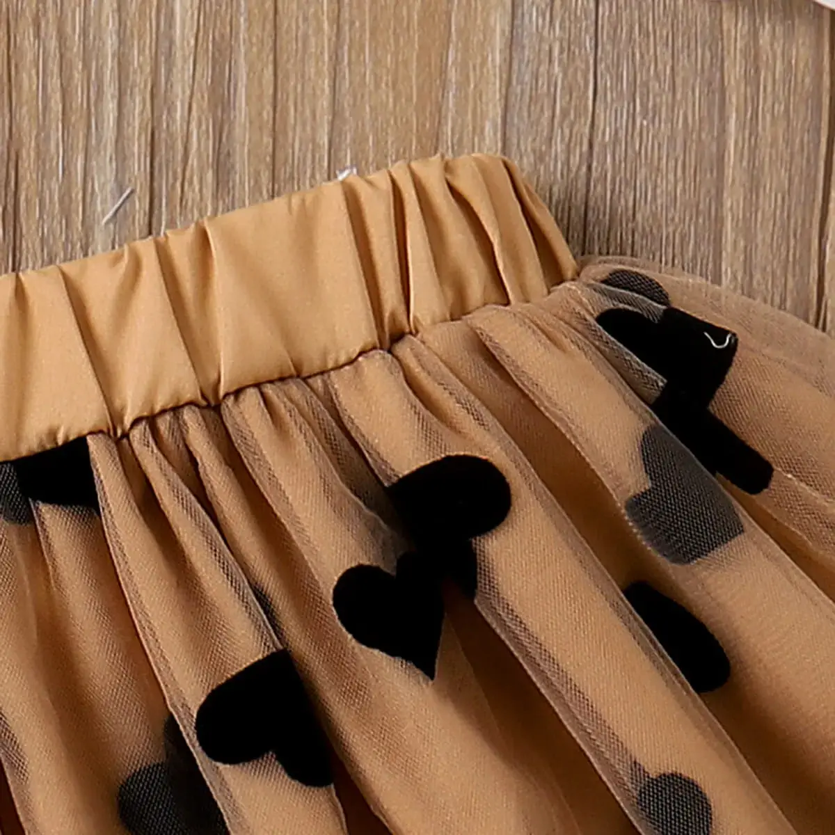  Heart Pattern Mesh Overlay Skirt