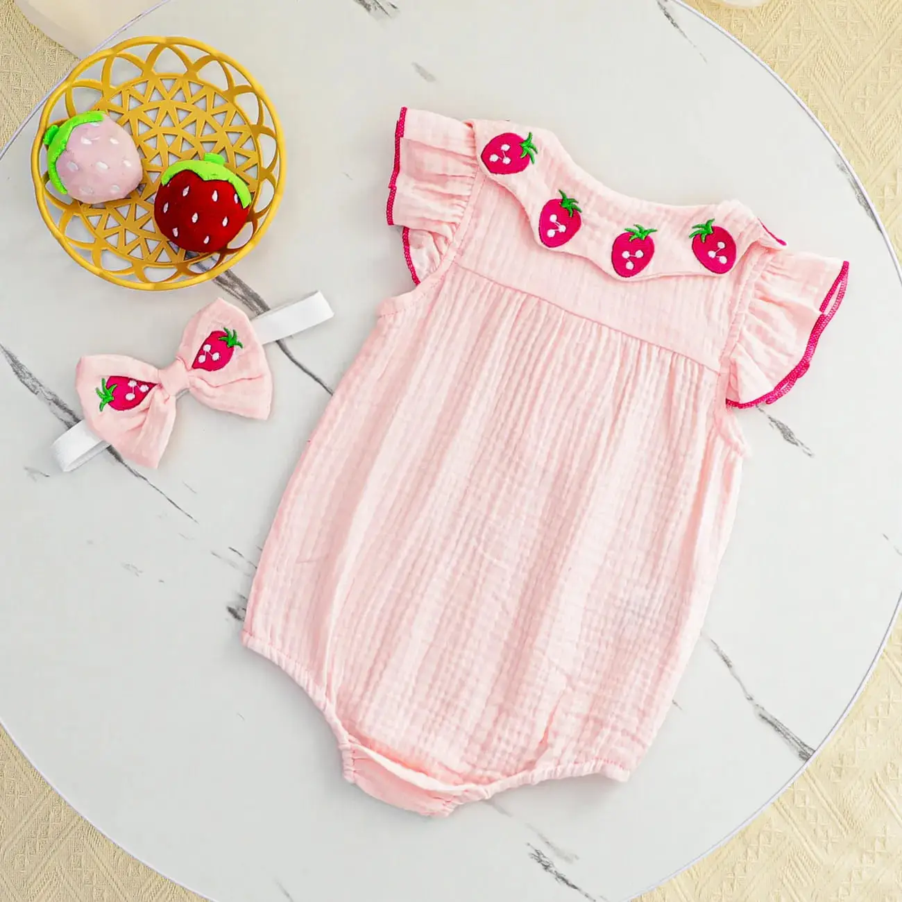 Cute Strawberry Embroidered Romper Set for Baby Girls