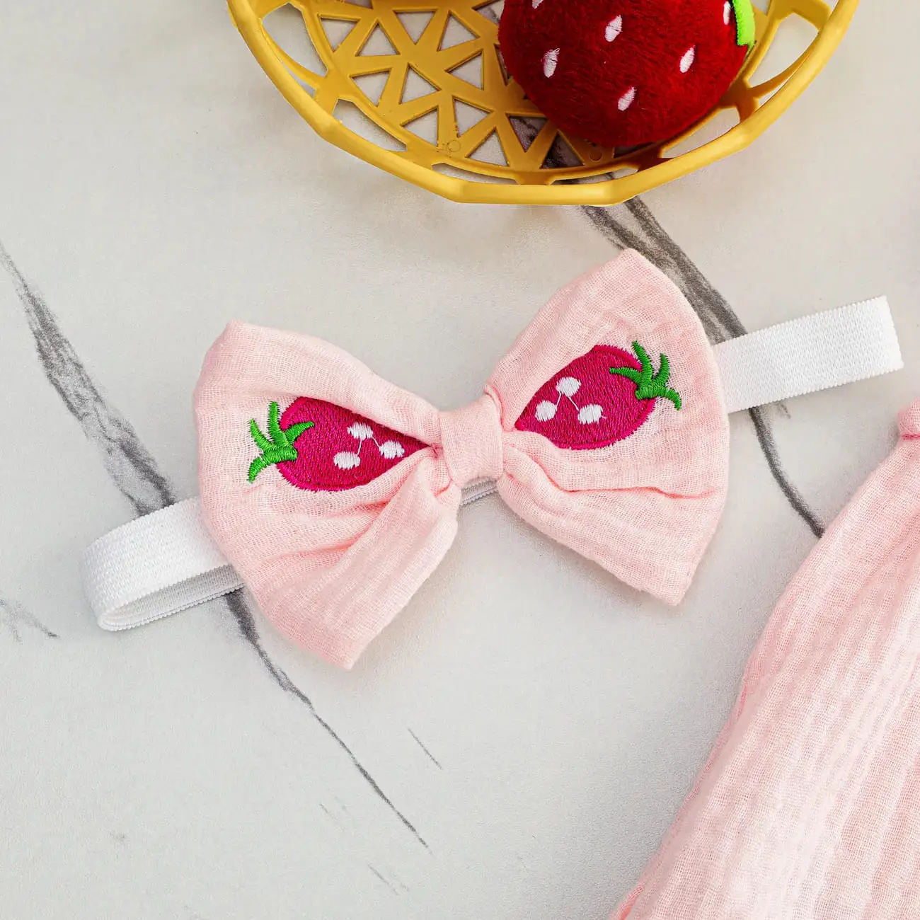 Cute Strawberry Embroidered Romper Set for Baby Girls