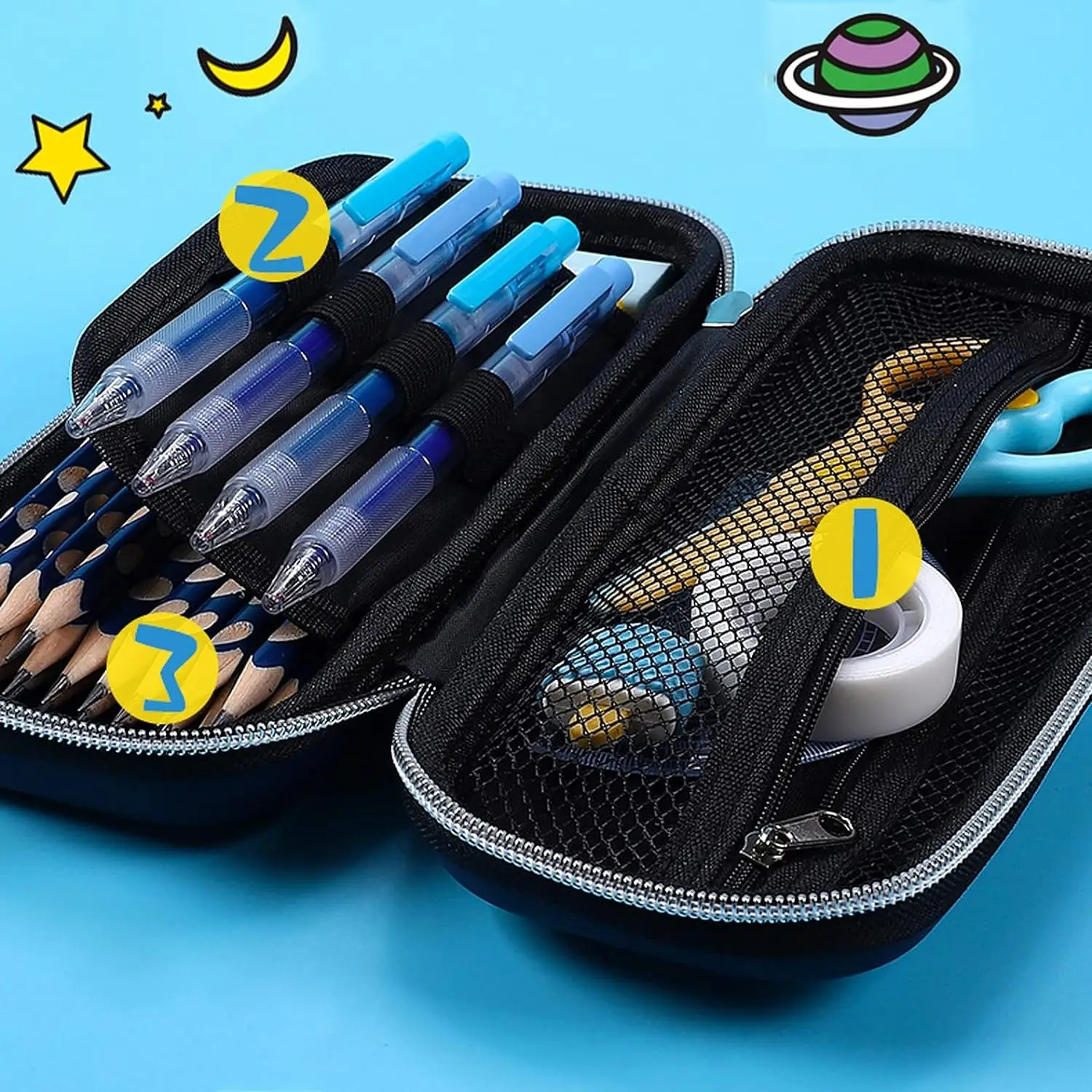3D Pencil Case, Large Capacity Pencil Pouch Bag for Boys & Girls Students with Zip Closure Portable Stationery Bag Organizer EVA, Space Blue