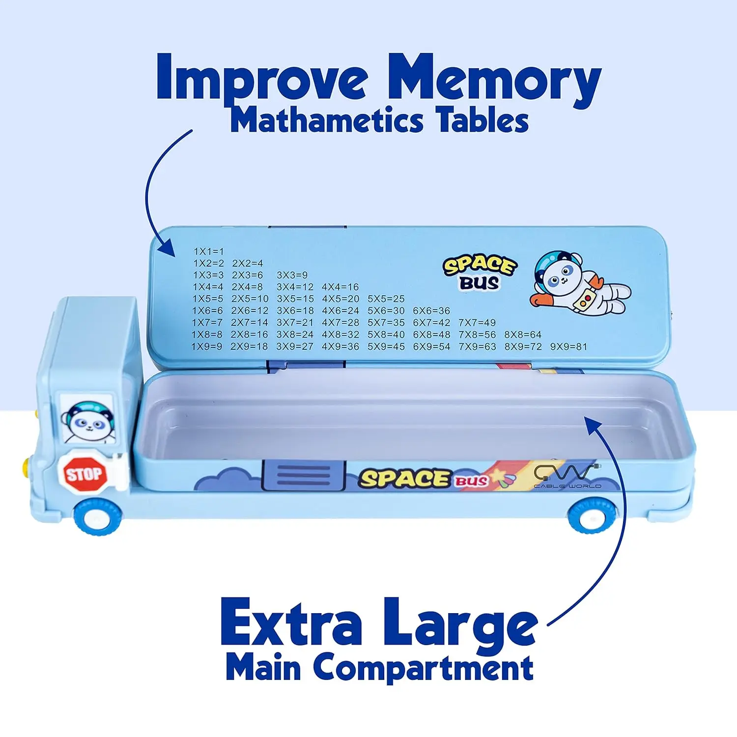 Space School Bus Shaped Pencil Box for Kids with Wheels and Sharpener Metal - (Space Design) Multicolor