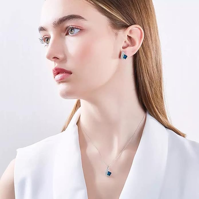 Angel Wings Platinum Plated Crystal Pendant Necklace Jewellery Set Gifts for Women and Girls (Blue) 