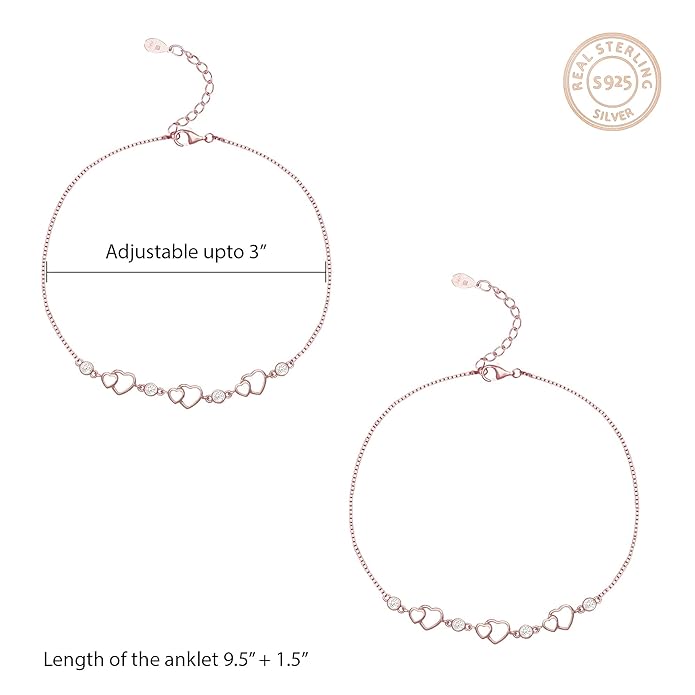 Silver Rose Gold Heart Anklet, (Single) Gifts for Girlfriend, Gifts for Women & Girls| With Certificate of Authenticity and 925 Stamp | 6 Month Warranty*
