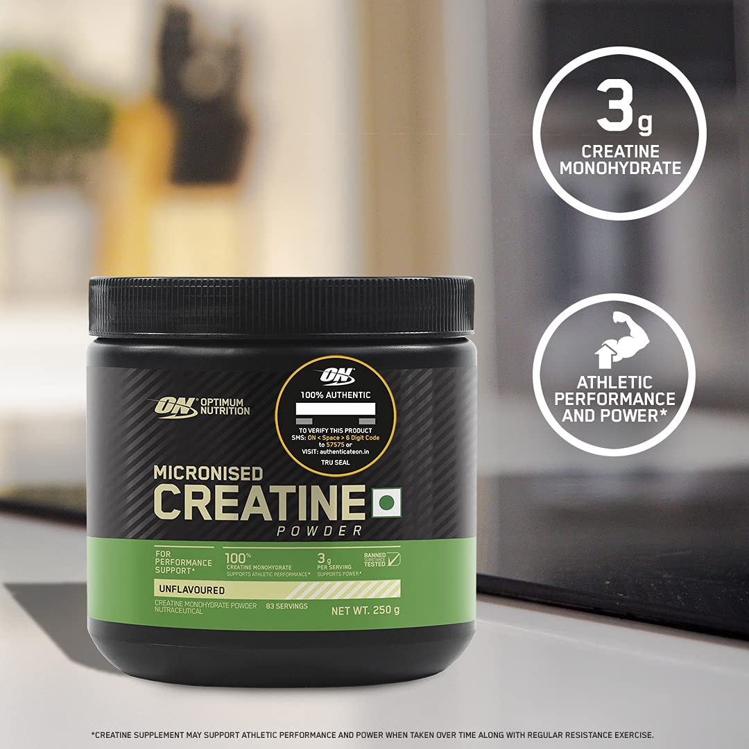 Optimum Nutrition (ON) Micronized Creatine Powder - 250 Gram, 83 Serves, Unflavored, 3g of 100% Creatine Monohydrate per serve, Supports Athletic Performance & Power