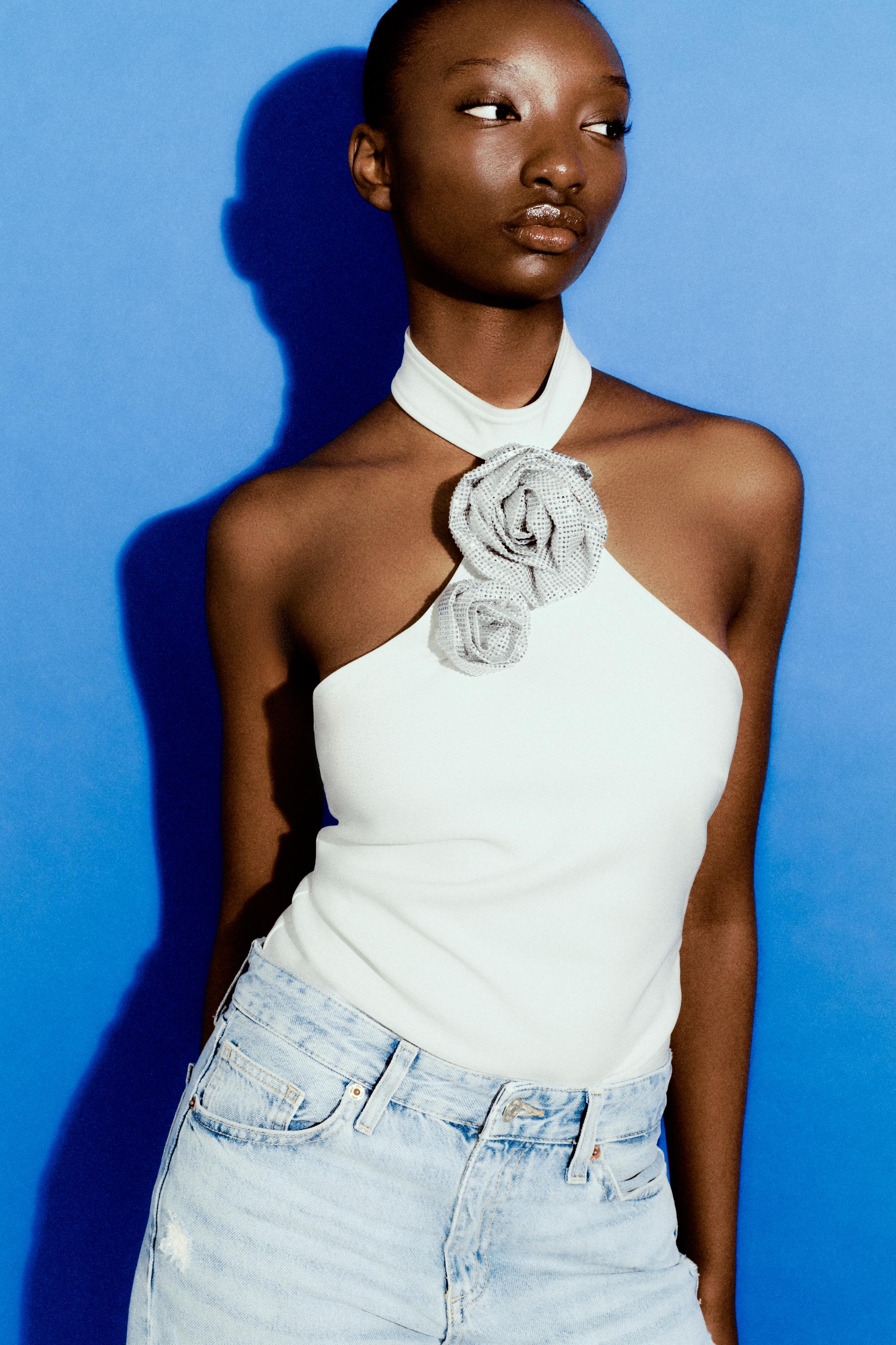 RHINESTONE FLORAL HALTER BODYSUIT