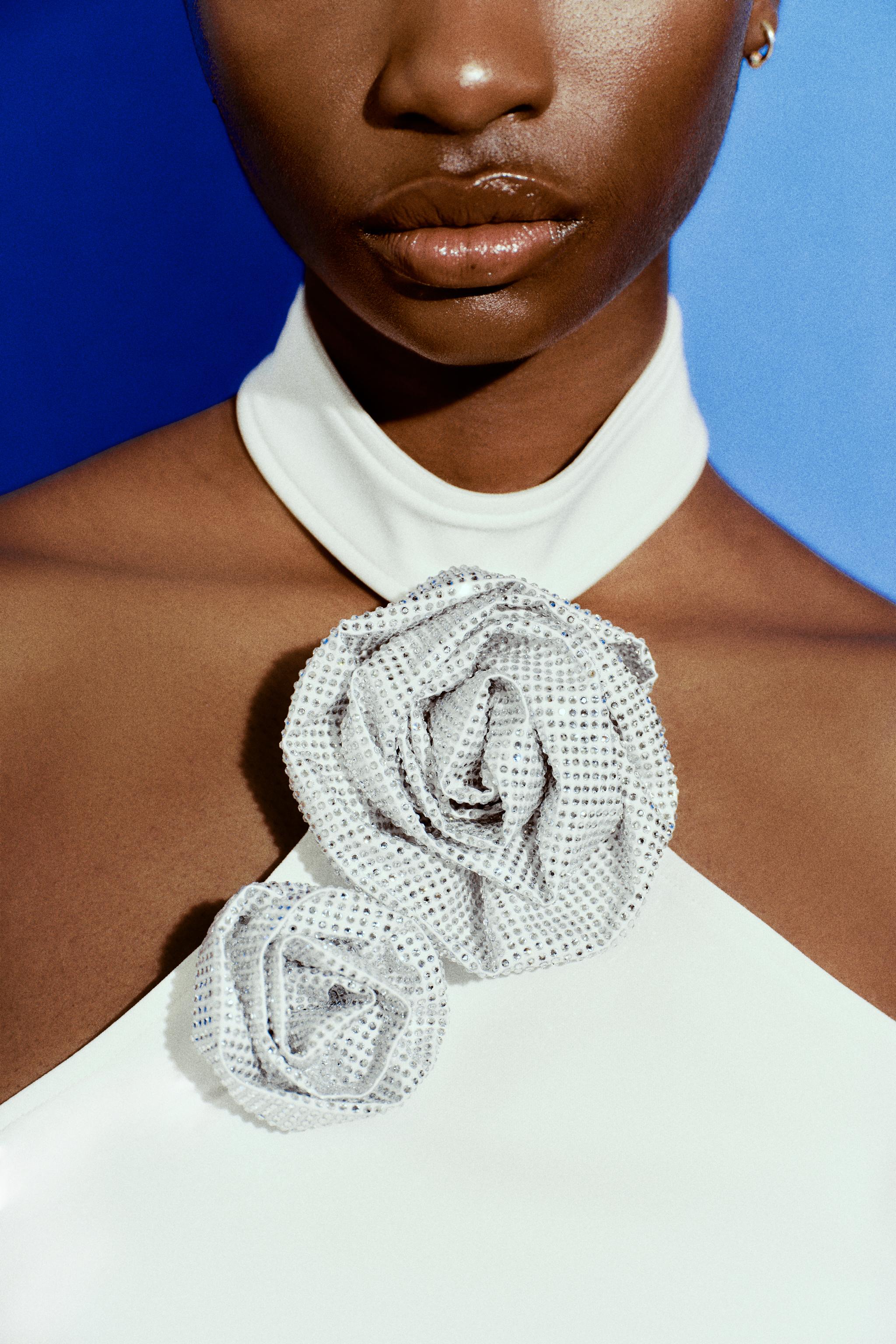 RHINESTONE FLORAL HALTER BODYSUIT