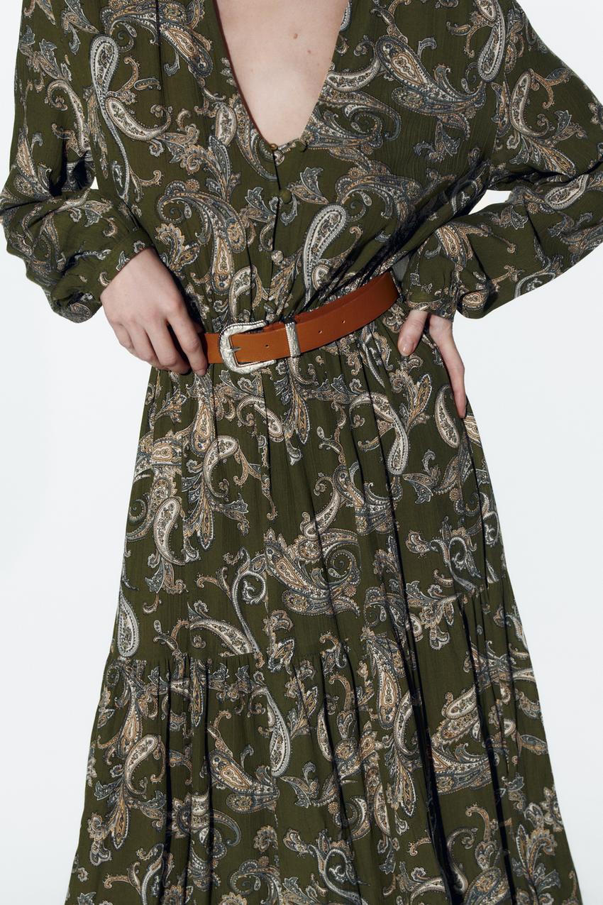 BELTED PAISLEY PRINT MIDI DRESS