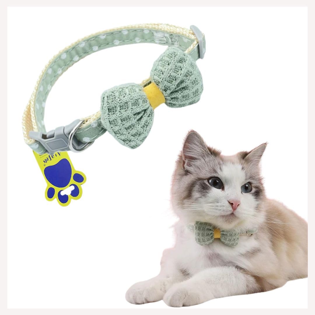  A+a Pets' Soft Handmade Cotton Bow Design Everyday Adjustable Cat Collar with Easy Open Safety Buckle for Cats, Kitten, Puppy and Small Animals (Green)