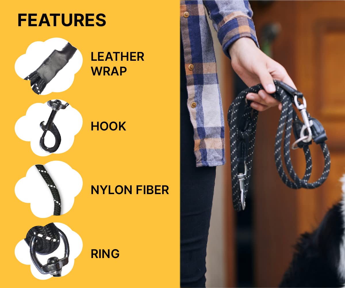 Boltz Dog Reflective Leash 5FT Long, Reflective Rope for Medium & Large Dogs (Black)