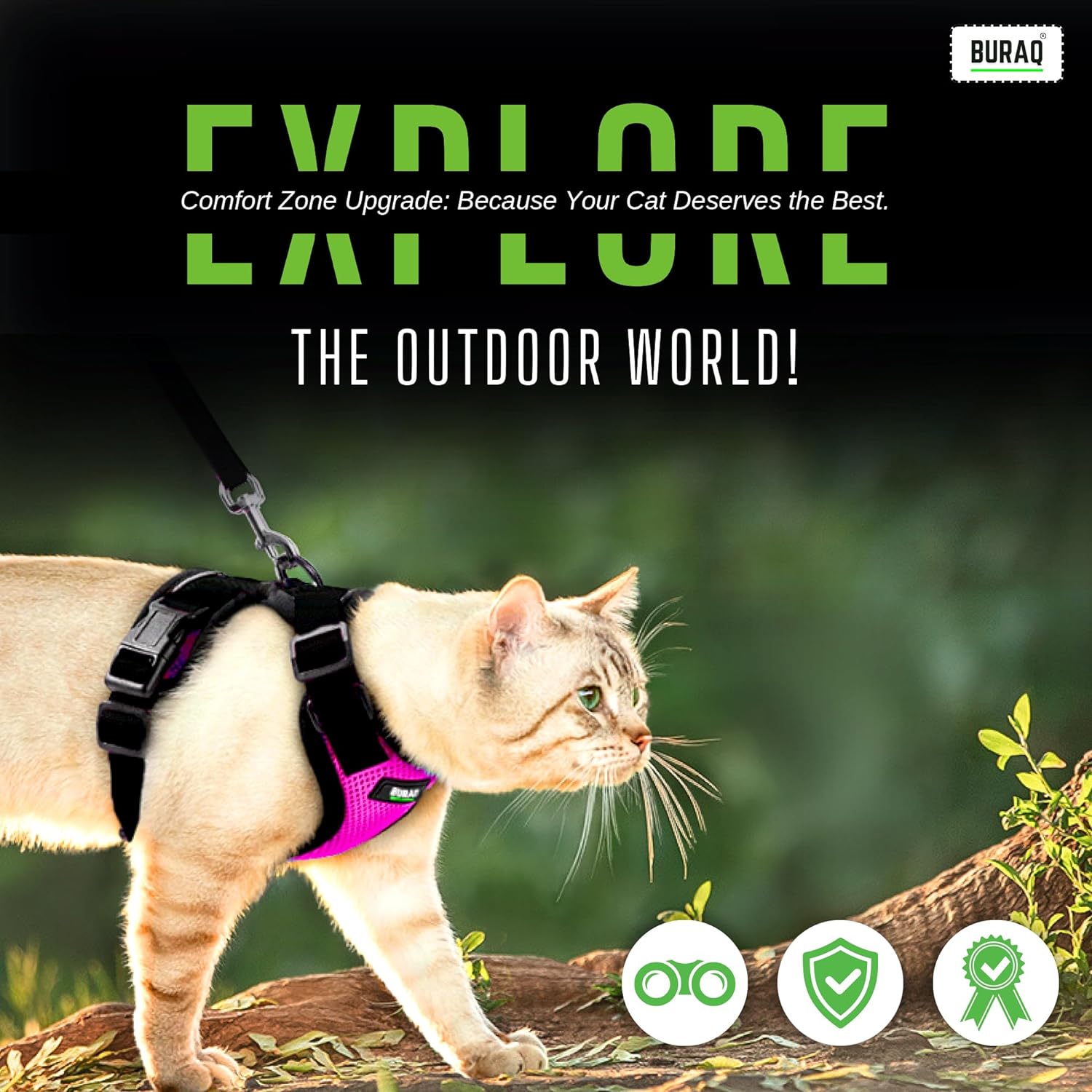 BURAQ Cat Harness Wth Leash For Walking|Escape Proof|Air Mesh Fabric|Soft Vest Harness|Easy Control|Adjustable & Durable|For Medium & Large Cats, Pack of 1