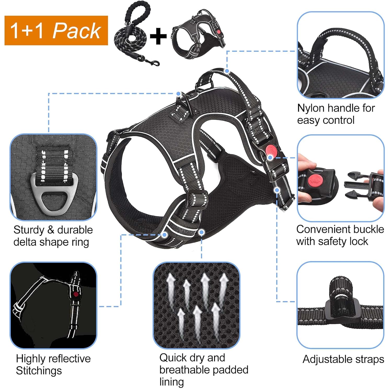 Qpets® 1.5M Dog Training Leash, Durable Light Reflecting Dog Leash Dog Vest Dog Harness for Large Dog, Adjustable Dog Vest Harness with Quick Release Buckle (L)