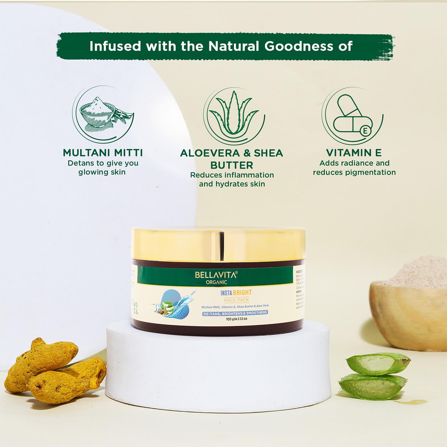Bella Vita Organic INSTABRIGHT Face Pack for DeTan, Glowing Skin, Oil Control, Acne, Pimples, Blemishes, Pigmentation & Skin Brightening, 100 gm