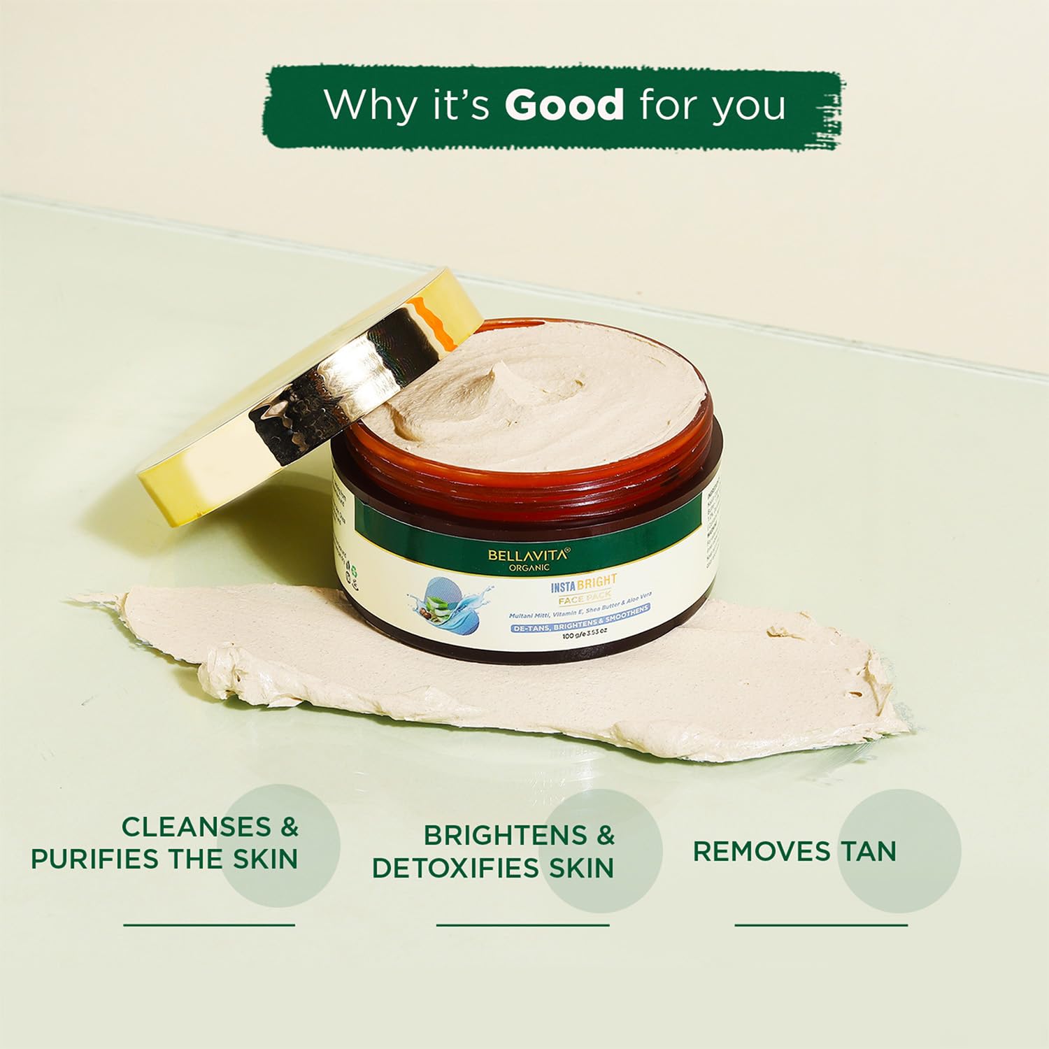 Bella Vita Organic INSTABRIGHT Face Pack for DeTan, Glowing Skin, Oil Control, Acne, Pimples, Blemishes, Pigmentation & Skin Brightening, 100 gm