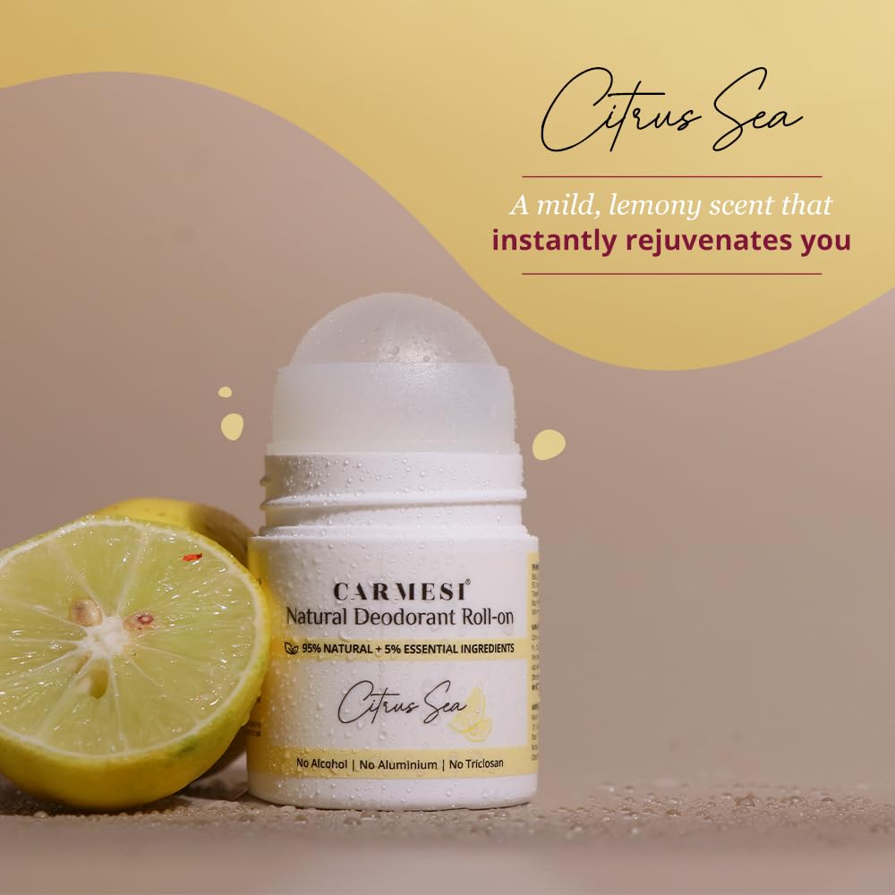  Carmesi Natural Underarm Roll-On Deodorant for Women | 95% Natural + 5% Essential Ingredients | Odour Control Without Blocking Sweat 