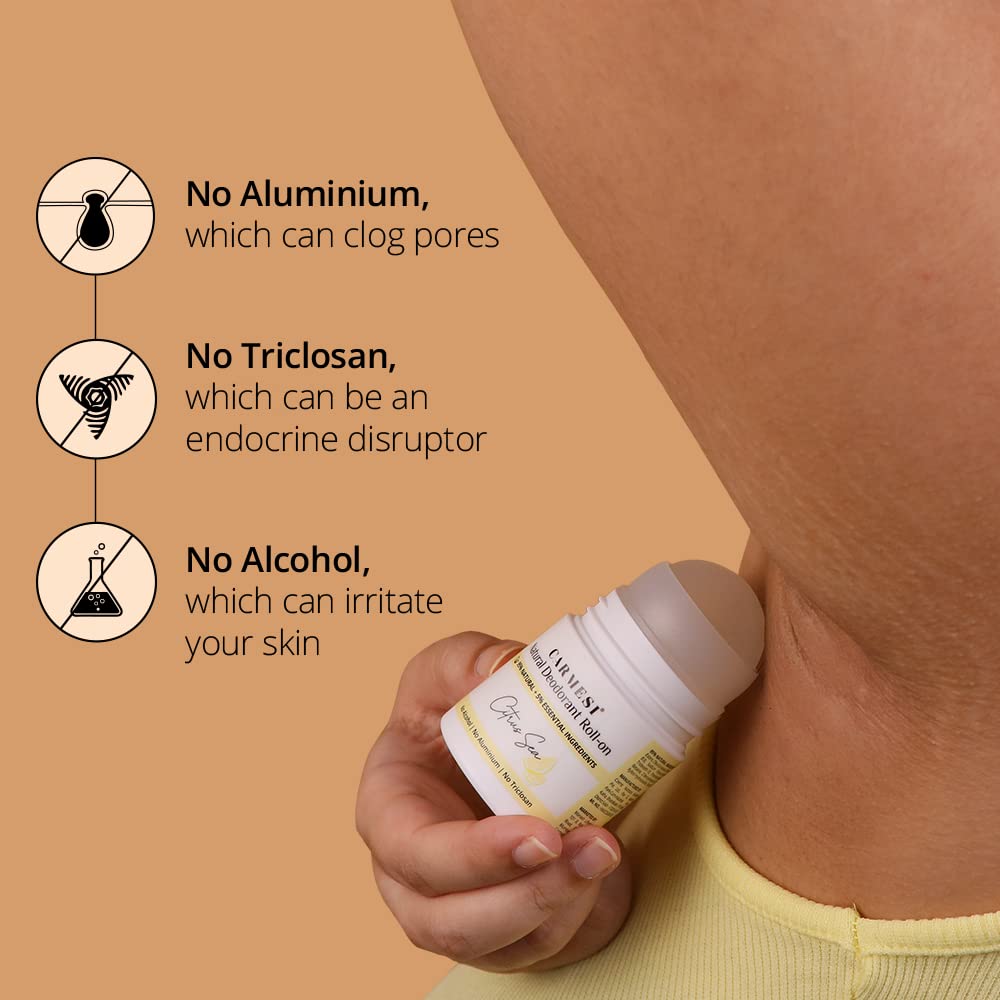  Carmesi Natural Underarm Roll-On Deodorant for Women | 95% Natural + 5% Essential Ingredients | Odour Control Without Blocking Sweat 