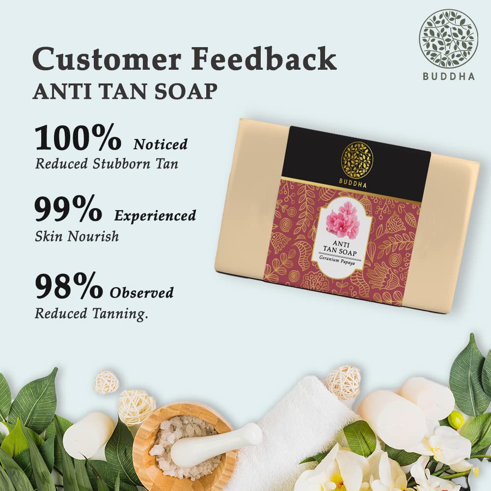  Buddha Natural Tan Removal Natural Soap - 100% Ayush Certified - Cold Pressed Handmade Luxury Butter Soap - Reduce Sun Tanning, DeTan Face & Body - 100 Gms