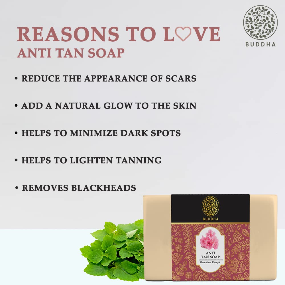  Buddha Natural Tan Removal Natural Soap - 100% Ayush Certified - Cold Pressed Handmade Luxury Butter Soap - Reduce Sun Tanning, DeTan Face & Body - 100 Gms