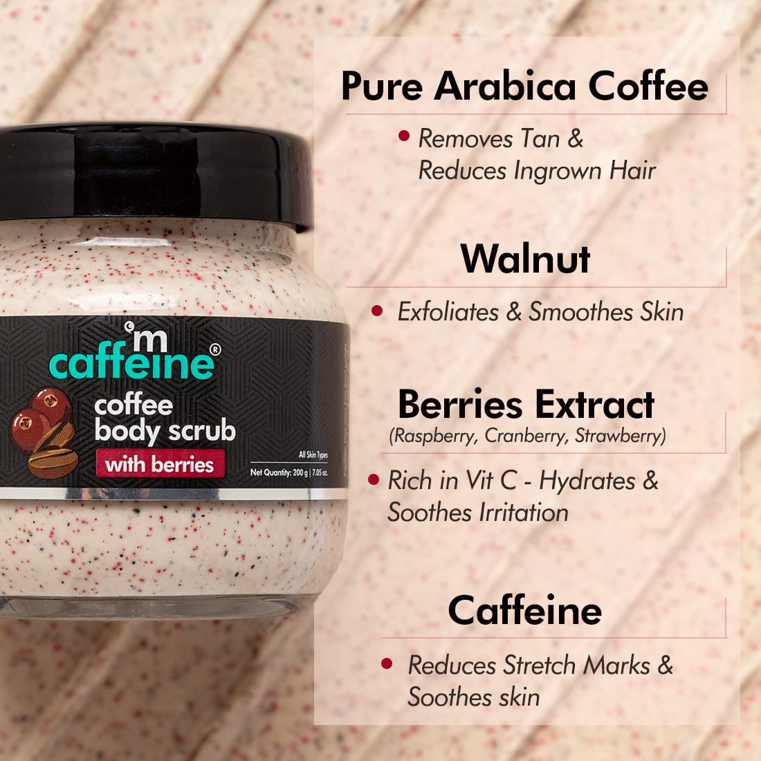 mCaffeine Berries & Coffee Body Scrub for Tan Removal | Creamy Body Scrub for Dry Skin | Exfoliating Scrub for Body for both Women and Men - 200gm