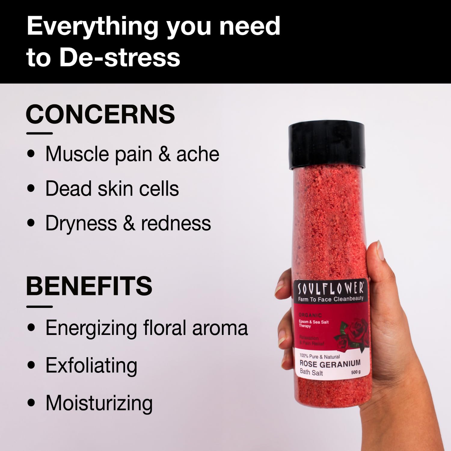  Soulflower Rose Geranium Bath Salt | Pain Relief, Body Pain, Relaxing Aroma, Moisturized Skin | Men & Women | Pure & Natural 