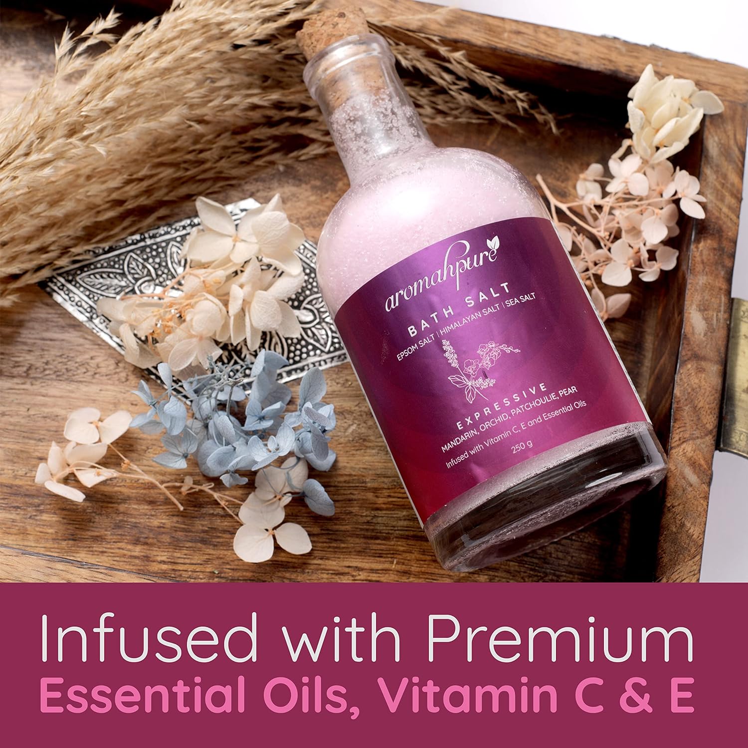 Aromahpure 100% Natural Bath Salt with Essential Oils (Mix of Epsom Salt, Himalayan Salt, and Sea Salt, Vitamin C & E) for Body & Foot Spa, Relaxing Aromatherapy - Expressive Fragrance (Mandarin, Orchid, Patchouli, Pear) to Relax Mind and Body (250gm)