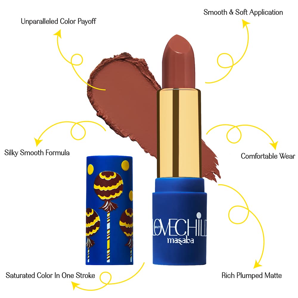  LoveChild Masaba - Hey Sugar - Luxe Matte Lipstick, Keeps Lips Moisturised, Long lasting, Bullet Matte Brown Sugar Lipstick, 4ML