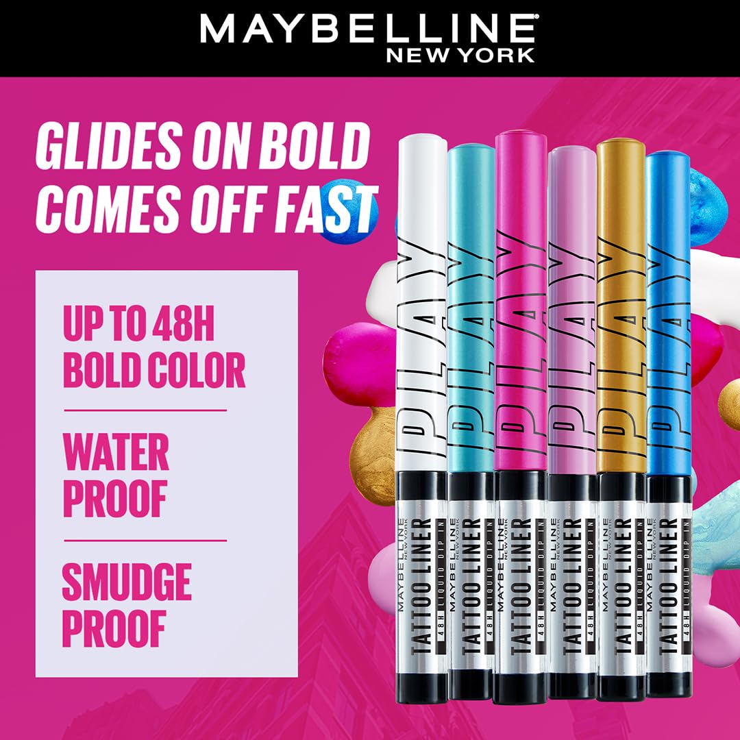 Maybelline New York Tattoo Play Pink Liquid Eyeliner - Longwear Waterproof Eyeliner - Metallic Finish, Punch, 2.1ml