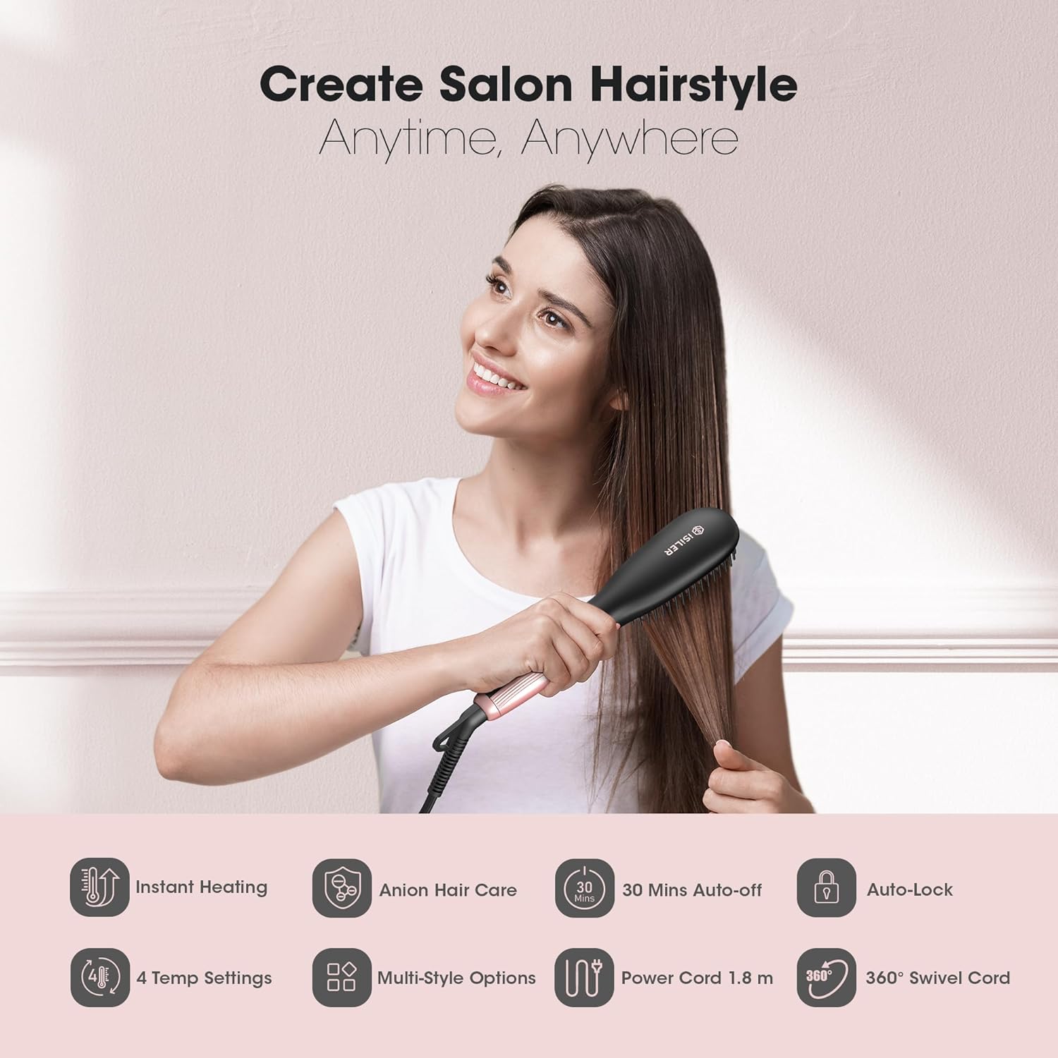  iSiLER Hair Straightener Brush, Styler Brush with Anion Hair Care, Ceramic Coated Bristles with Thermal Protection &Auto-off, 10s Fast Heating