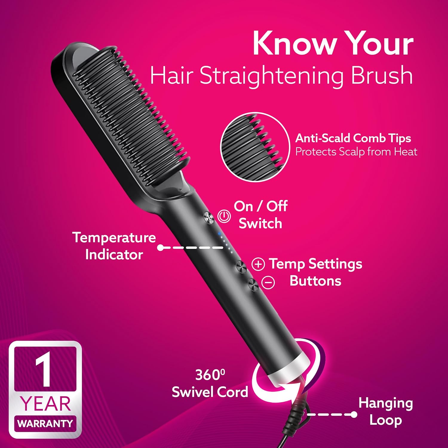  AGARO Hair Straightening Brush, Hair Straightening Comb For Women, Fast Heating, Ionic Care, 5 Heat Settings, Hair Straightener, Hot Brush
