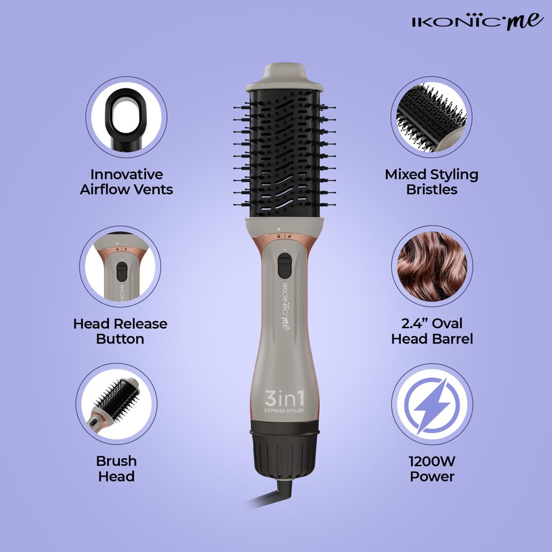  Ikonic 3 in 1 Express Styler Grey, Professional Volumizer Blow Dryer 1200W Hot Air Brush 
