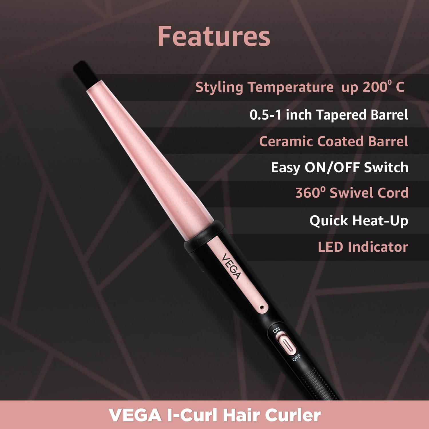  Vega I-Curl Hair Curler for Women with 0.5 inch-1 inch Barrel, Quick Heatup Technology, Rose Gold, (VHCH-05)