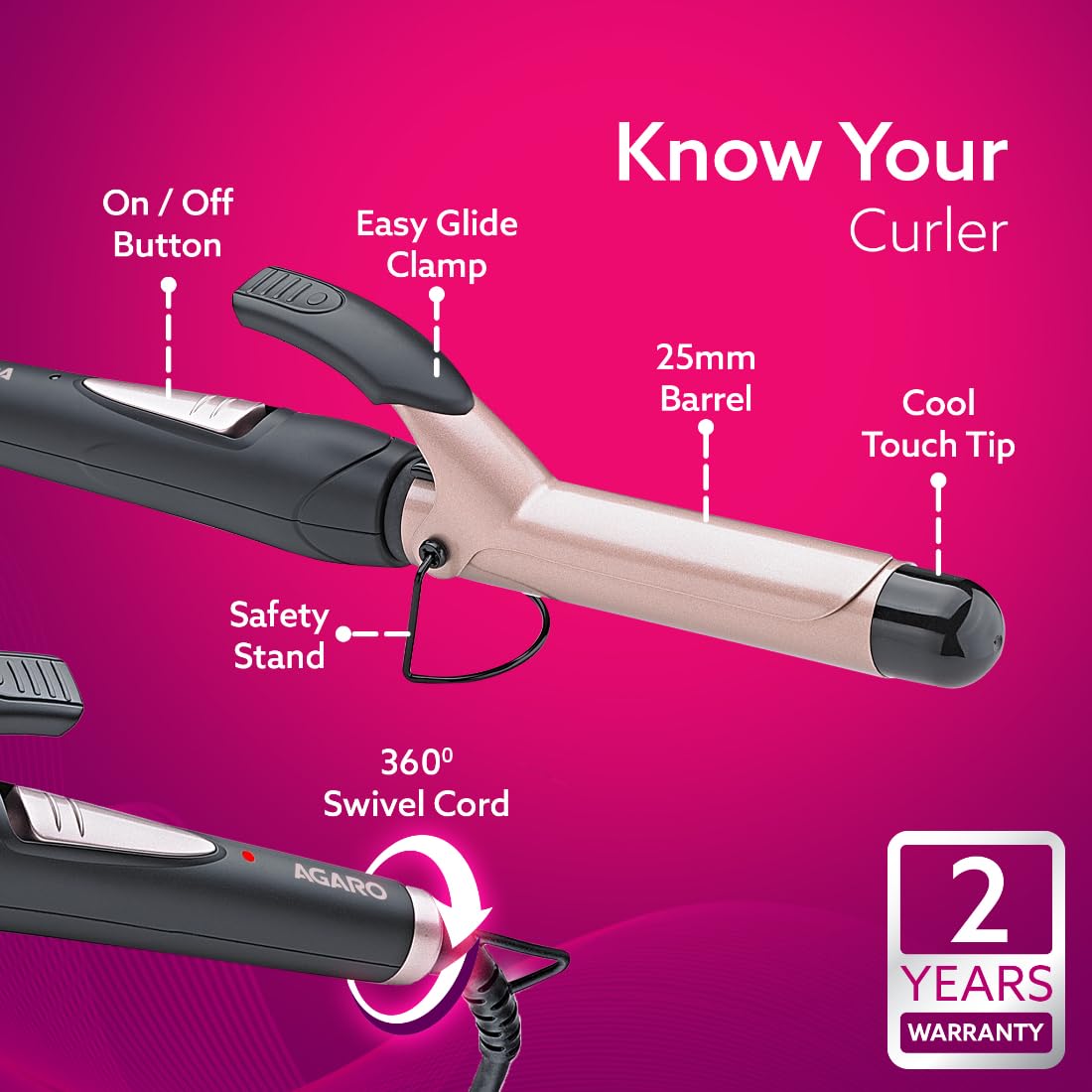  AGARO HC6001 Hair Curler with 25MM Barrel, Rod, Tong, Tourmaline Infused Ceramic Coated Plates, Cool Touch Tip, Fast Heating, for Women, Long and Short Hair