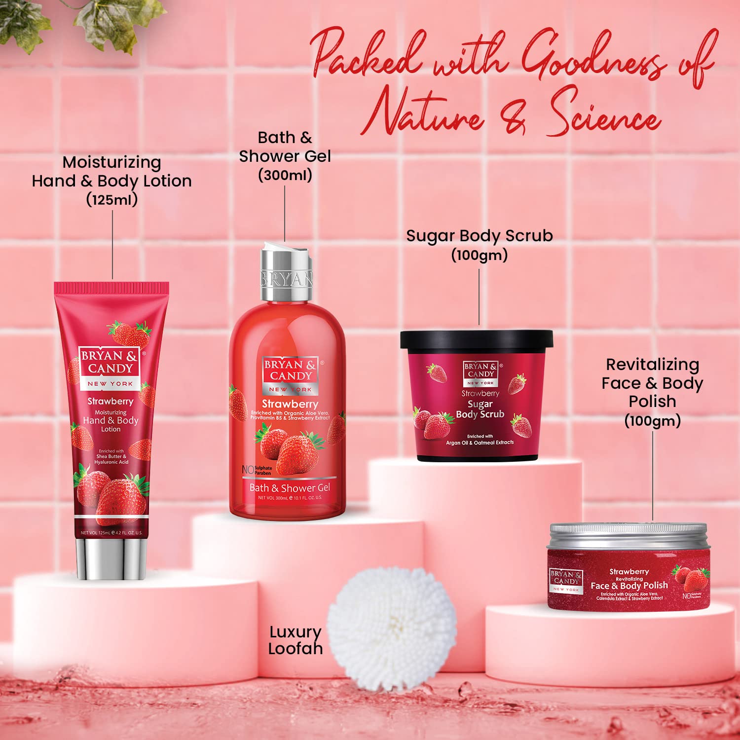 Bryan & Candy Strawberry Bath Tub Kit Mother's Day Gift Gift Set For Women And Men | Complete Home Spa Experience (Shower Gel, Hand & Body Lotion, Sugar Scrub, Body Polish| 100% Vegan, SLS & Paraben Free |