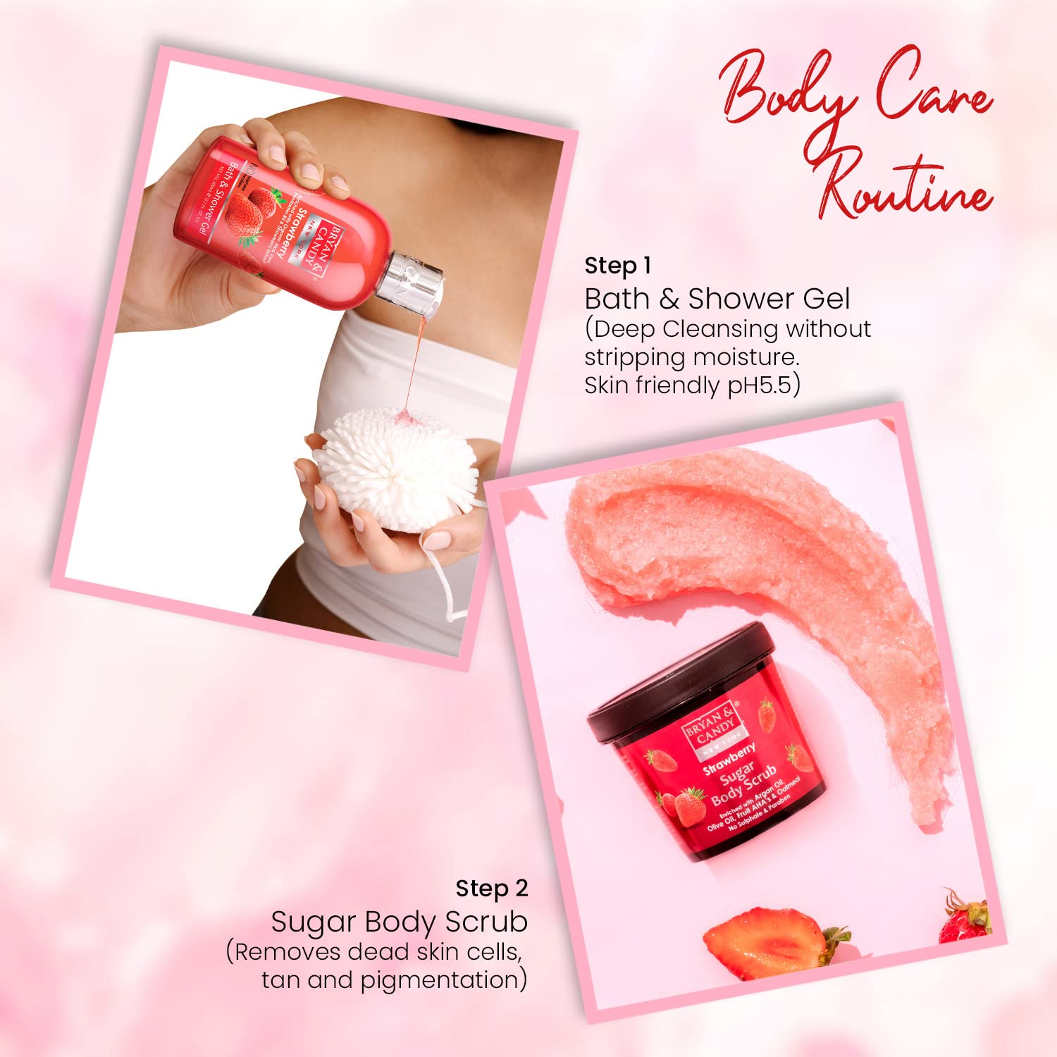 Bryan & Candy Strawberry Bath Tub Kit Mother's Day Gift Gift Set For Women And Men | Complete Home Spa Experience (Shower Gel, Hand & Body Lotion, Sugar Scrub, Body Polish| 100% Vegan, SLS & Paraben Free |