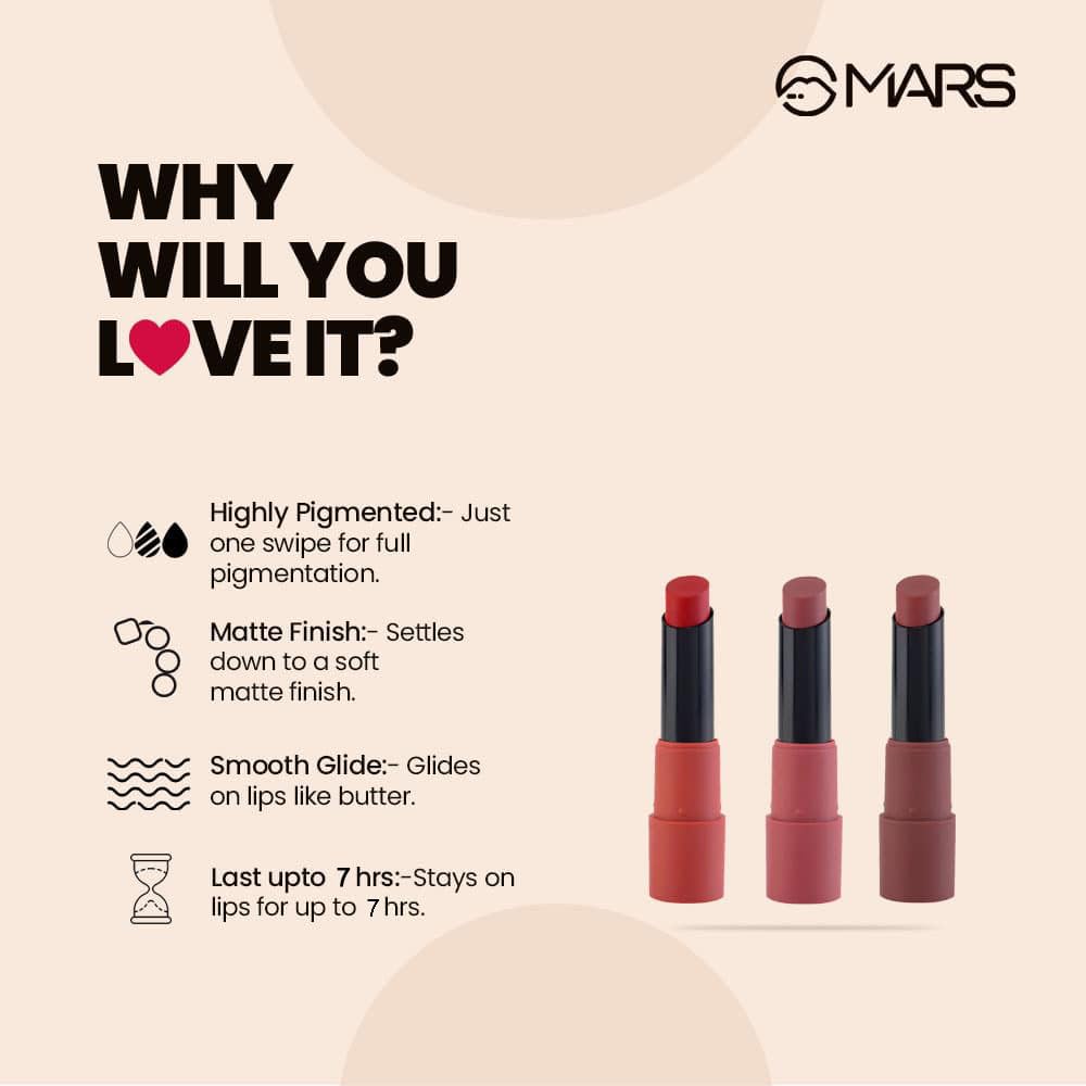  MARS Matte Box Set of 3 Lipsticks for Women | Long-Lasting | Smooth Finish | Moisturising | One Swipe Pigmentation | (3x3.2 gm) (01-Red & Maroon)